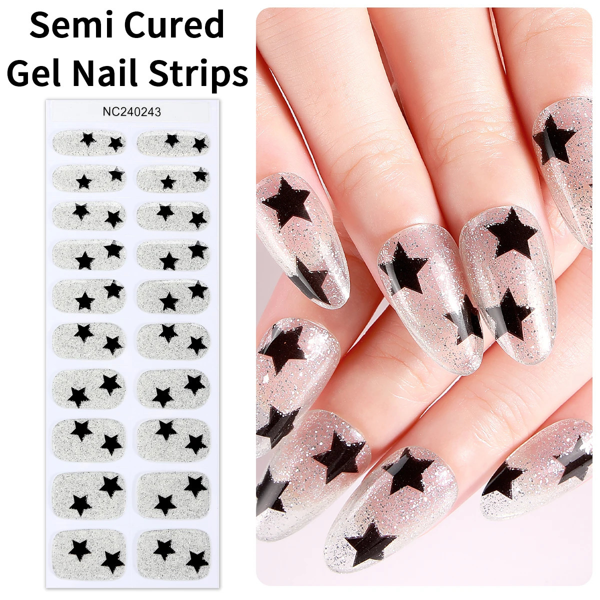 2pcs Sliver Pink Semi Cured Nail Gel Strips Y2K Star ns Adhesive Nail Stickers Press on Nails for Women Girls Decorations 241225