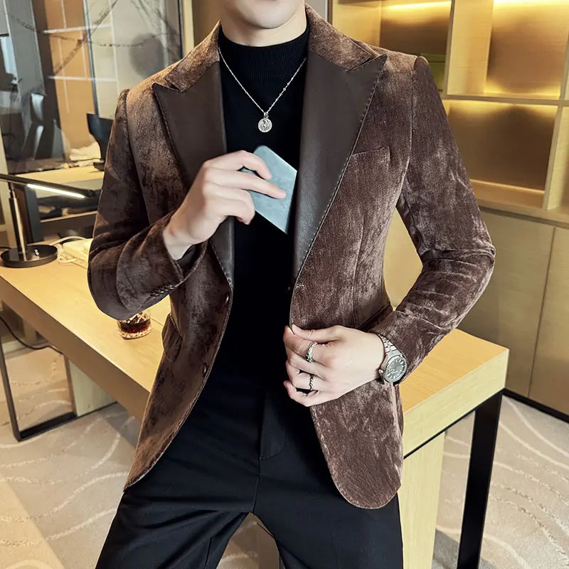 Autumn Five Color Chenille Patchwork Leather Suit Jackets for Men Army Green Kapok Fabric Contrasting Casual Mens Blazer 241225