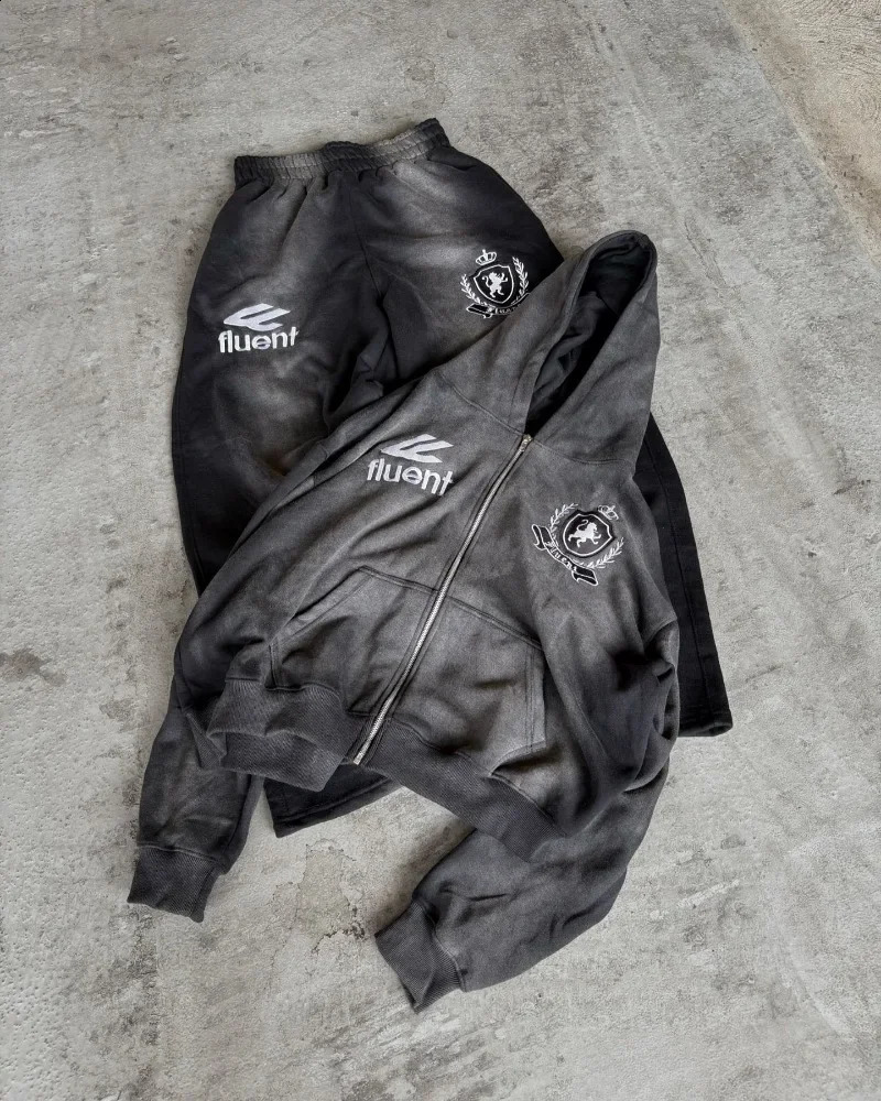 American Retro Letter Print Zipper Sweatshirt and Sweatpants Suit Men Women Long Sleeves Simple Streetwear 241225