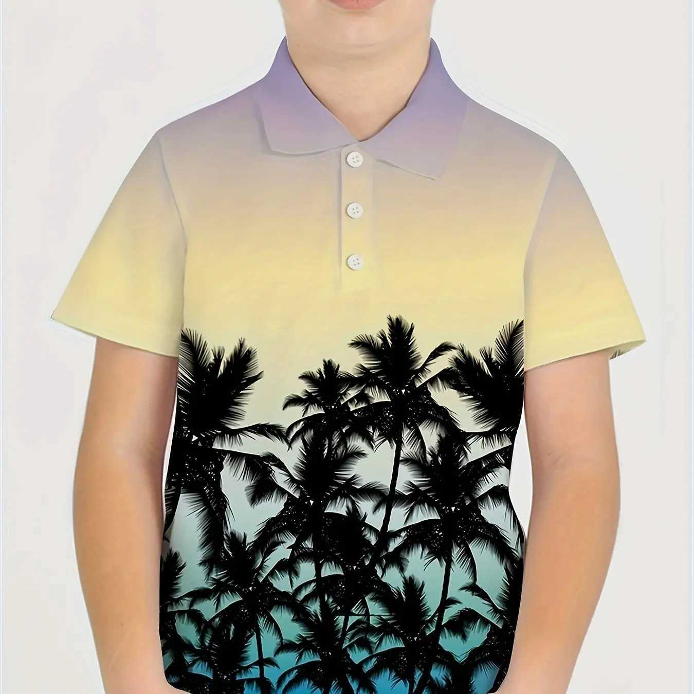 Casual Lapel Polo Shirts Boys For Children Short Sleeve 3d Print Beach Coconut Trees Pattern Versatile Summer Kids Tops ShirtXJ241225