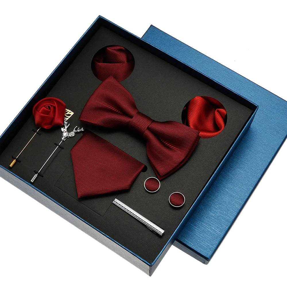 Red Blue Classic Silk Ties For Men Pocket Square Cufflinks Sets Solid Color Necktie Party Wedding Gift Men Neck Tie Set 241225