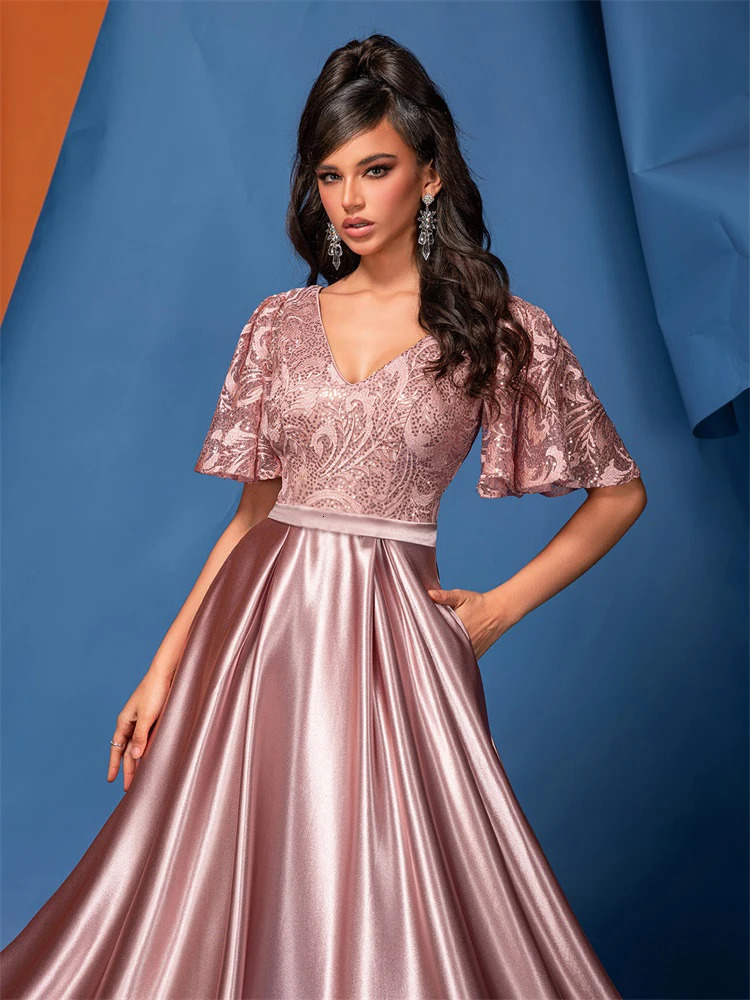 XUIBOL Elegant Short Sleeve Pink Satin Formal Evening Dress Long Women Mermaid Wedding Party Dress Cocktail Prom 241223
