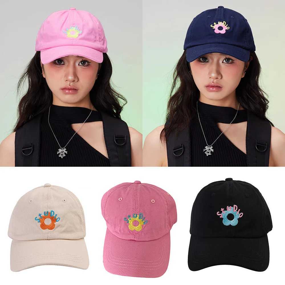 Embroidered baseball cap womens snap cap soft top leather hat fashionable sunset flower contrasting color cute headwear W241225
