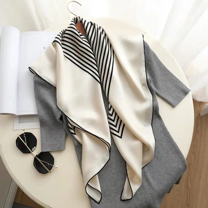 90x90cm Square Pure Silk Scarf Women Print Bandana Head Scarf Large faux Real Silk Wraps and Shawls Femme Neckerchief 241225