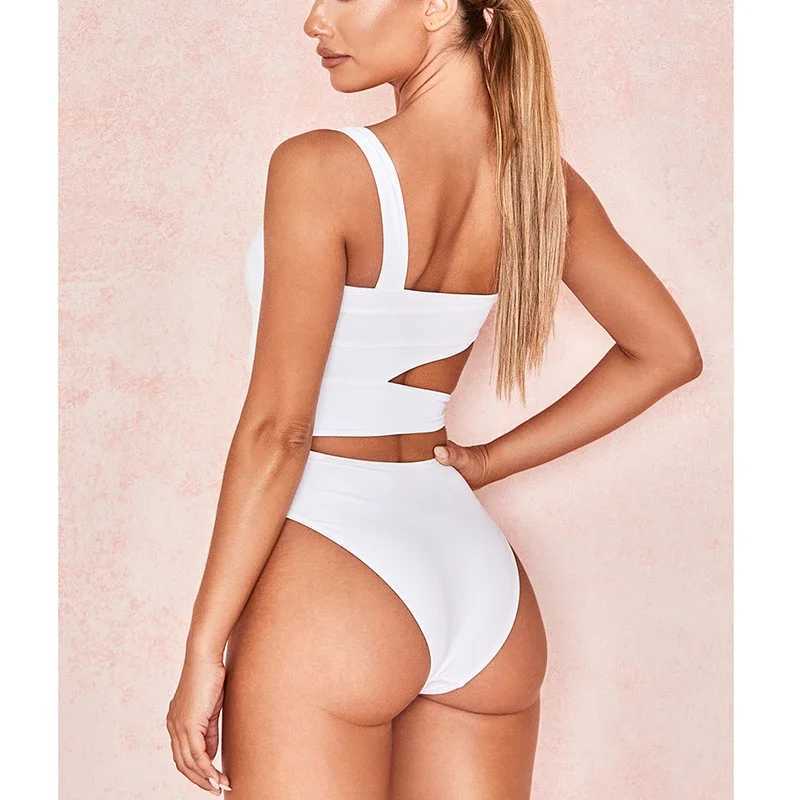 Sexy Bikini Set One Shoulder Bikini One-Piece Swimsuit 2024 Off Shoulder White Patchwork Swimwear Bodysuit Bathing Suit TankiniW250214