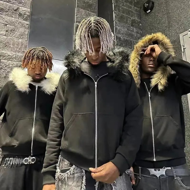 American retro trend gothic furry oversized hoodie mens Y2K street hip-hop Harajuku loose zipper long sleeved sweatshirt women 241220