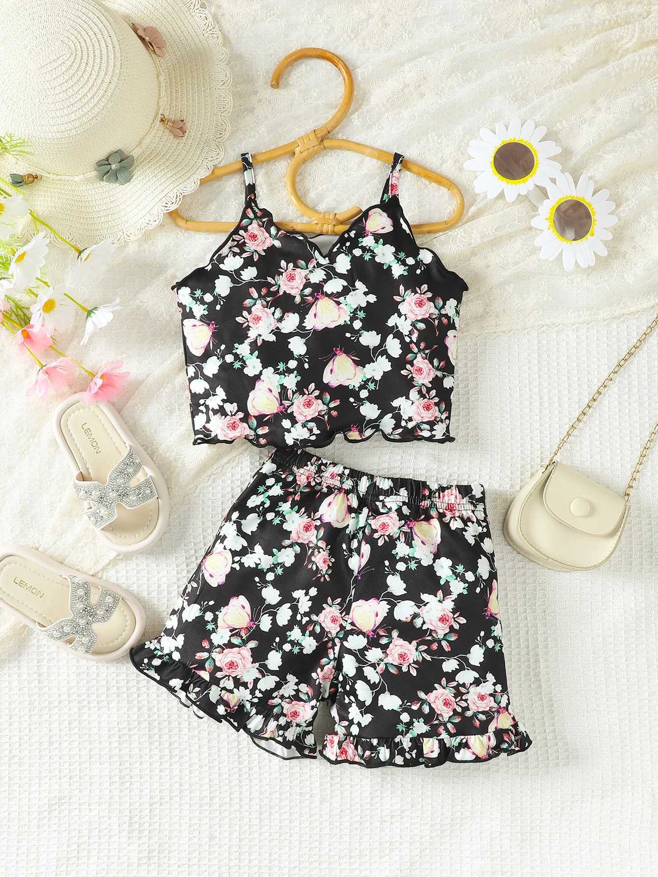 Clothing Sets 2PCS Summer Kid Girls Lovely Clothes Set Floral Sling Top with Shorts Fresh Pastoral Daily Casual Costume Childre Girl 4-7 YearsY241225E