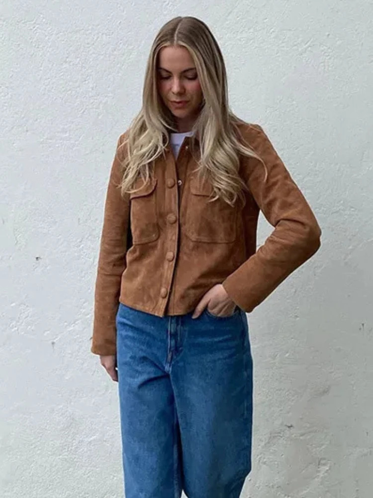 ZBZA Women Brown Suede Leather Jacket Vintage Lapel Single Breasted Long Sleeve Pocket Slim Outerwear Fall Winter Lady Chic Top 241220