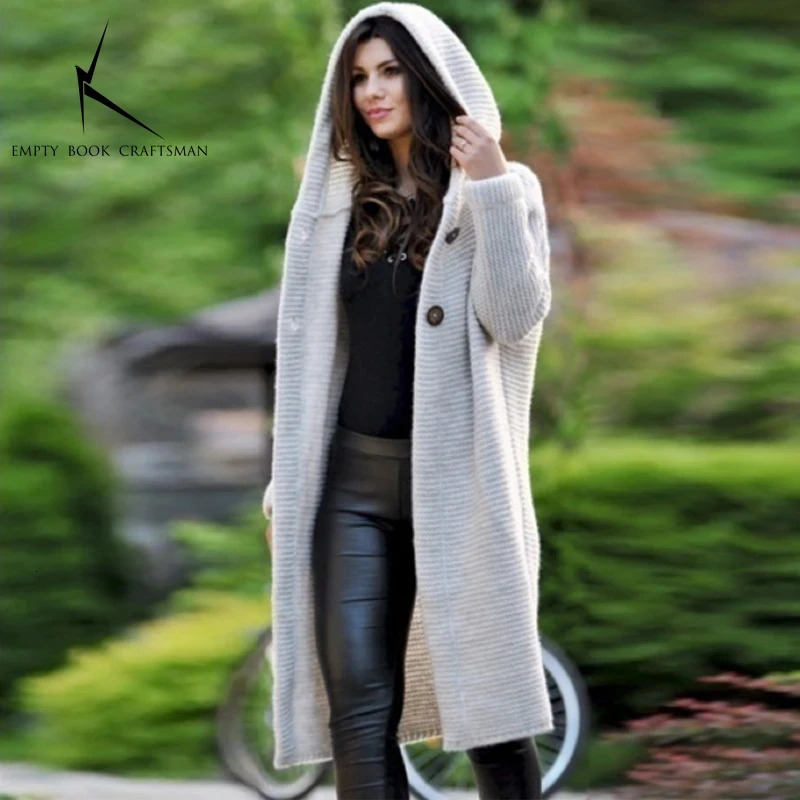 2024 Womens Medium To Long Length Sweater Hooded Cardigan Knitted 241225