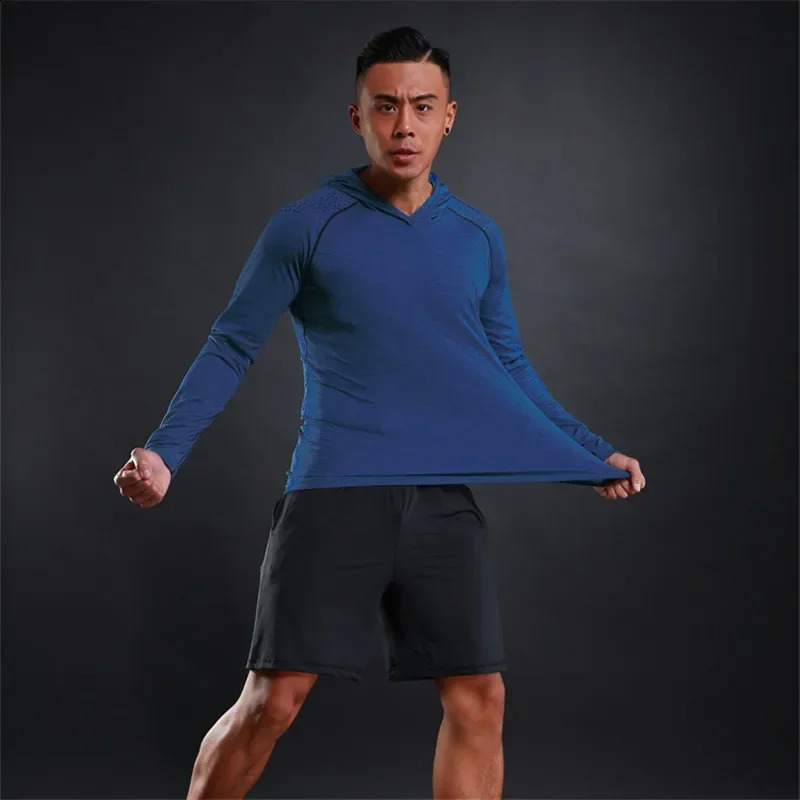 Men Elastic Running Tops Breathable Long Sleeve Gym t Shirt Male Casual Hooded tShirts Quick Dry Fitness Shirts Man Clothing 241223