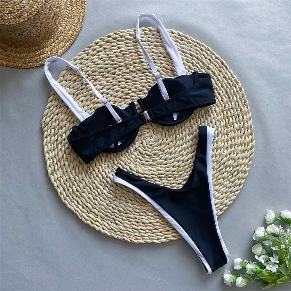 Contrast Colors Black Bikini Push Up Sexy Mini thong Swimsuit Womens 2024 Wireless Swimsuit High Cut Swimsuit Bikini SetW241225
