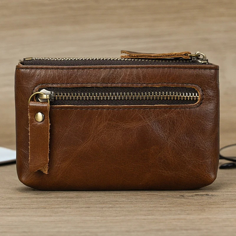 Little Coin Genuine Real Cowhide Mens Leather Short Mini Purse Men Women Wallet Card Zip With Key Ring