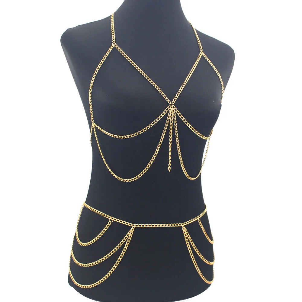 Fashion Simple Metal Bra and Waist Chain Set Lingerie Womens Decorations Underwear Festival Bodies Chain Jewelry Harness 241225