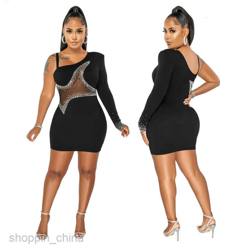 women dresses fashion one shoulder long sleeve perspective mesh stitched straight cloth hot drill buttock dress women