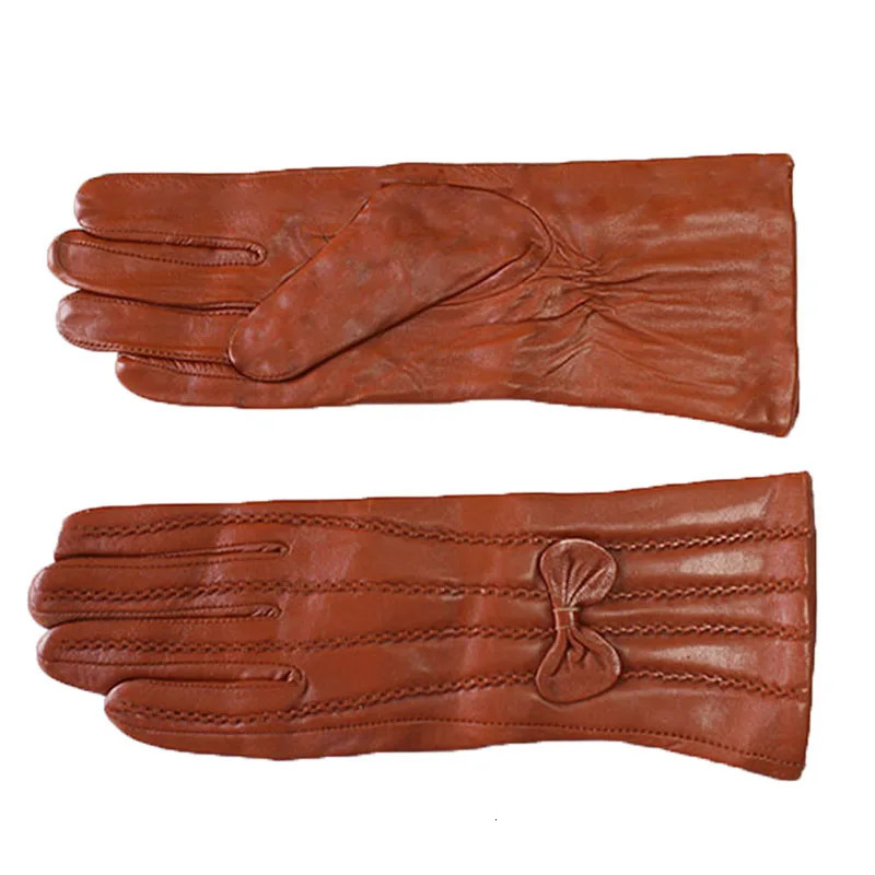 Leather Sheepskin Gloves Womens Mid-Length Stripes Plus Velvet Warm Autumn and Winter Windproof 241225