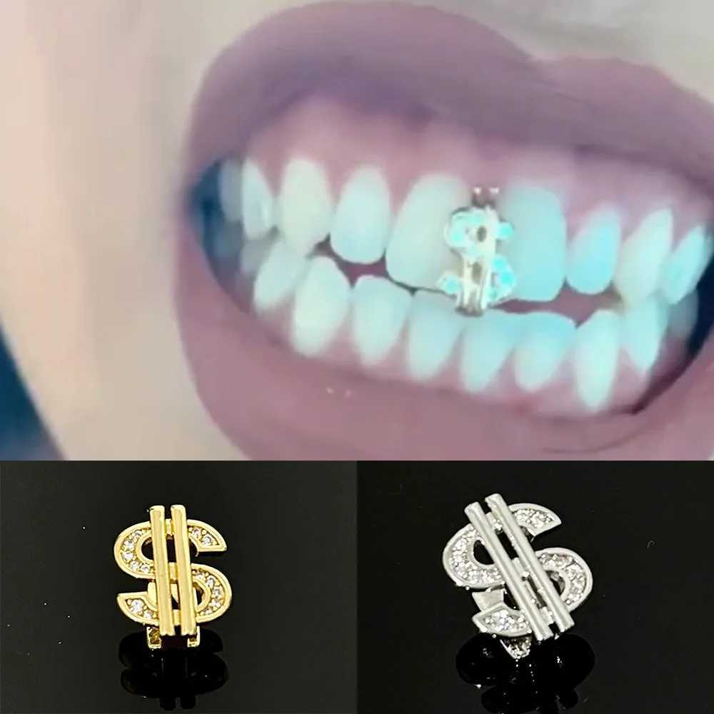 YOUNGX Single Cubic Zircon Dollar Teeth Grillz Hip Hop Punk CZ Stone Tooth Cs For Women Men Jewelry Rper Gift CosplayXJ241225