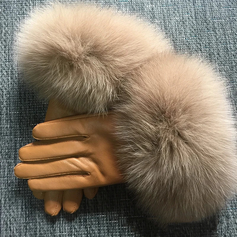 Chic Camel Color Real Big Fox Fur Womens Sheepskin Gloves Winter Plus Velvet Female Cycling Drive Warm Genuine Leather Gloves 241225