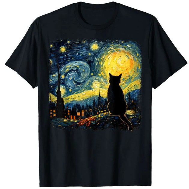Cat Mom and Dad Van Gogh Artwork Tees - Stylish Designer Tops with Starry Night Cats Design
