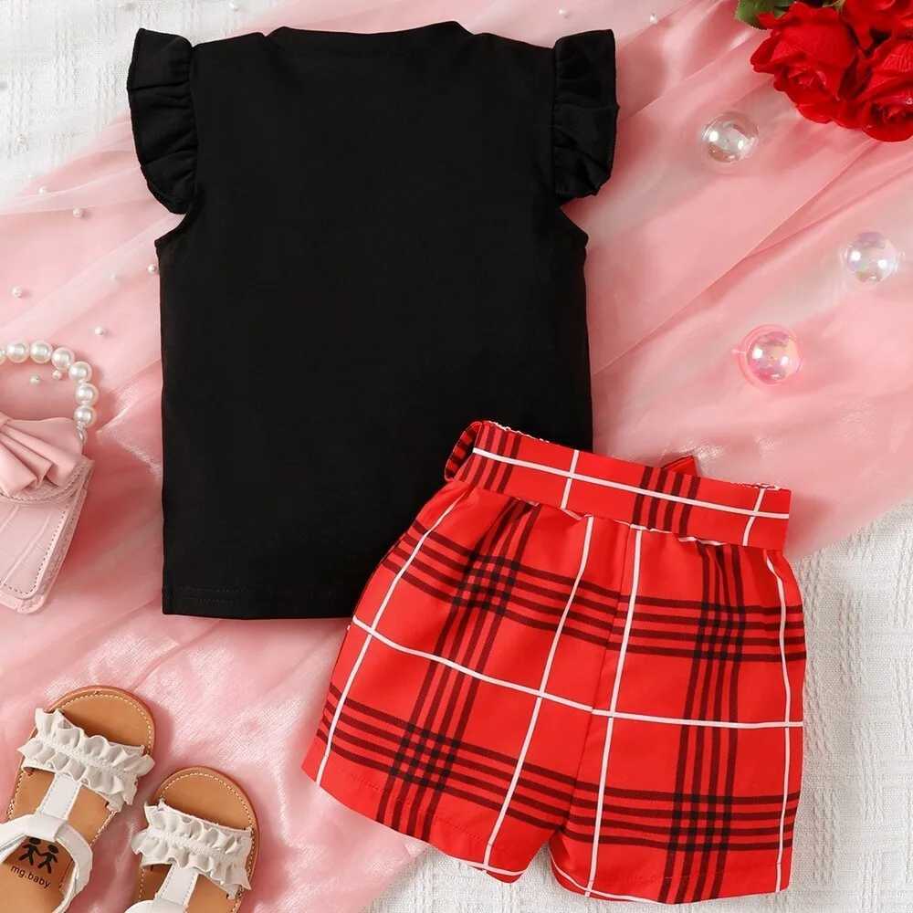 Clothing Sets 2PCS Baby Girls Clothes Set Flutter Short Sleeve Plaid Bow Print Top and Shorts Fashion Photograph Outfit for Toddlers 0-2 YearsY241225F