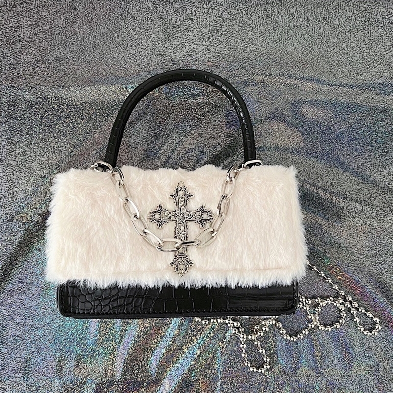 New Free Shipping Designer Bag Xiuya Y2k Gothic Handbag For Women Soft Plush Cross Applique Chain Shoulder Girls Hip Hop American Style Crossbody Bag