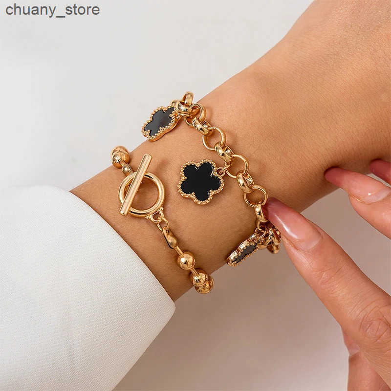 Chain Trendy Geometric Link Chain Set For Women Rhinestones Gold Color Five leaf flower clover Pendant Open Cuff Bangle Girls L240910