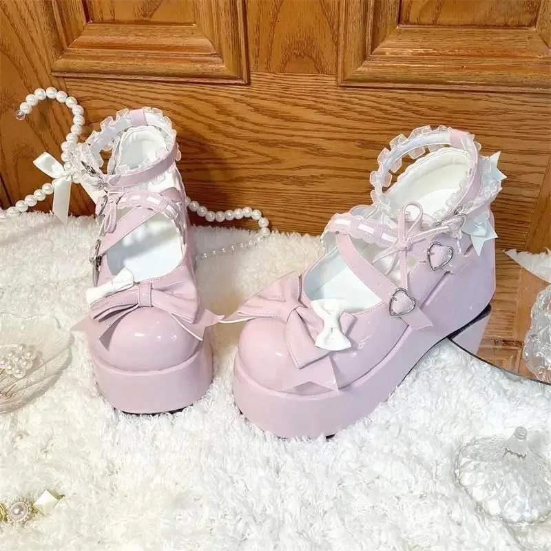 Kawaii Lace Bowknot White Lolita Shoes Women Heart Buckle Platform Mary Janes Woman Japanese Style Patent Leather Jk Shoes 241225