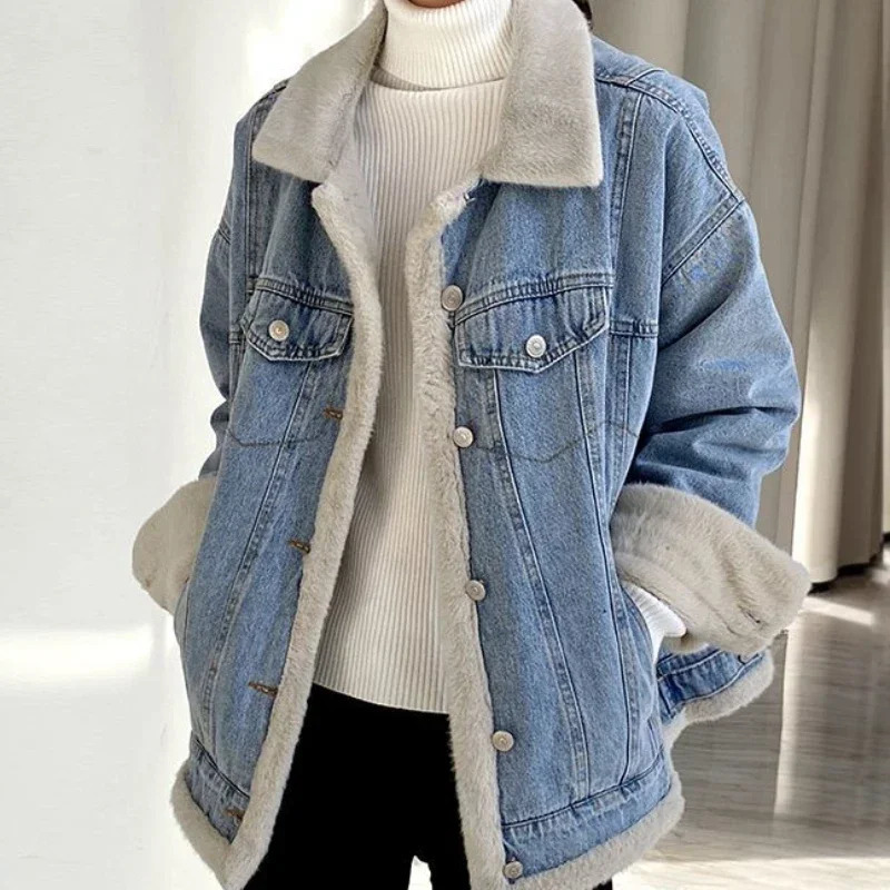 Outerwear Wool Inside Patchwork Padded Denim Jacket for Women Winter Cold Long Trench with Fur Plush Warm Woman Jean Coat 241220