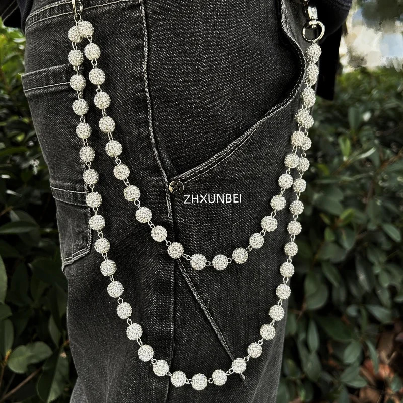 1pc Hip Hop Jewelry Wallet Chain 10mm Disco Rhinestone Cluster Ball Beads Pendant Bag Jeans Pocket Belt Chain 250303