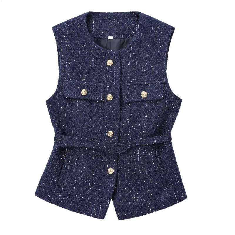 TRAF Womens Vests Cropped Tweed Sleeveless Vest Woman Office Autumn Blue Outerwears Formal Belt Waistcoat Women Short 241220