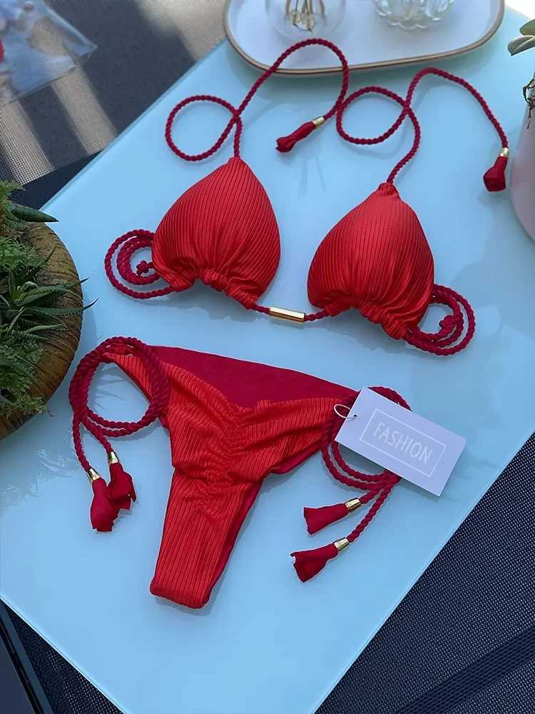 Womens Bikini New Special Fabric Solid Color Rope Swimsuit Multi ColorW241225