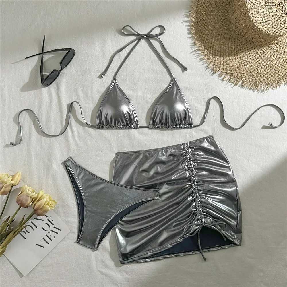 Gold mini thong bead 3-piece bikini set for women suspender swimsuit set for women swimsuit set for womenW241225
