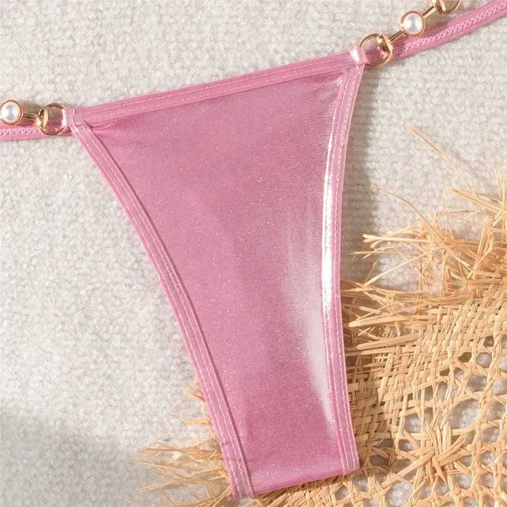Sexy pink shiny swimsuit suspender mini thong bikini set flawless triangle swimsuit womens 2024 bead mini swimsuitW241225