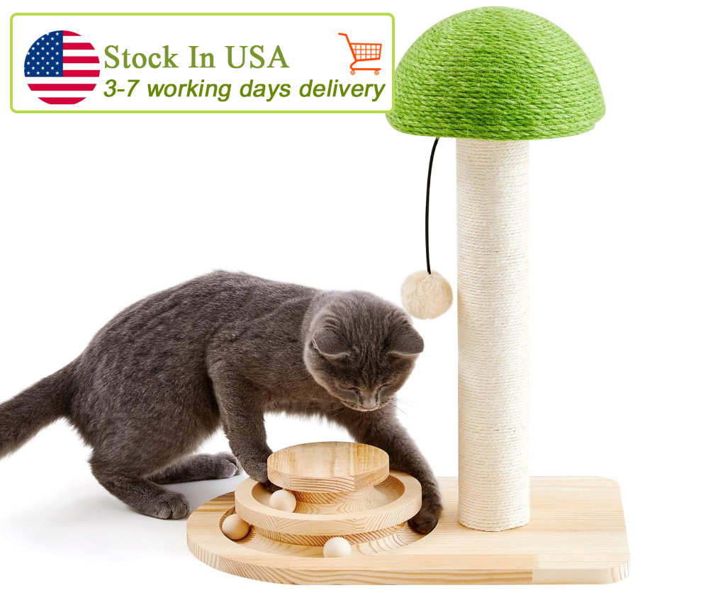 Made4Pets Cat Scratchig Post, Mushroom Cat Scratcher Sisal Ropes, Iteractive Track for Small Kittes, 2-In-1 Wood Scratch Toy with Dagg Plush Ball 20 i