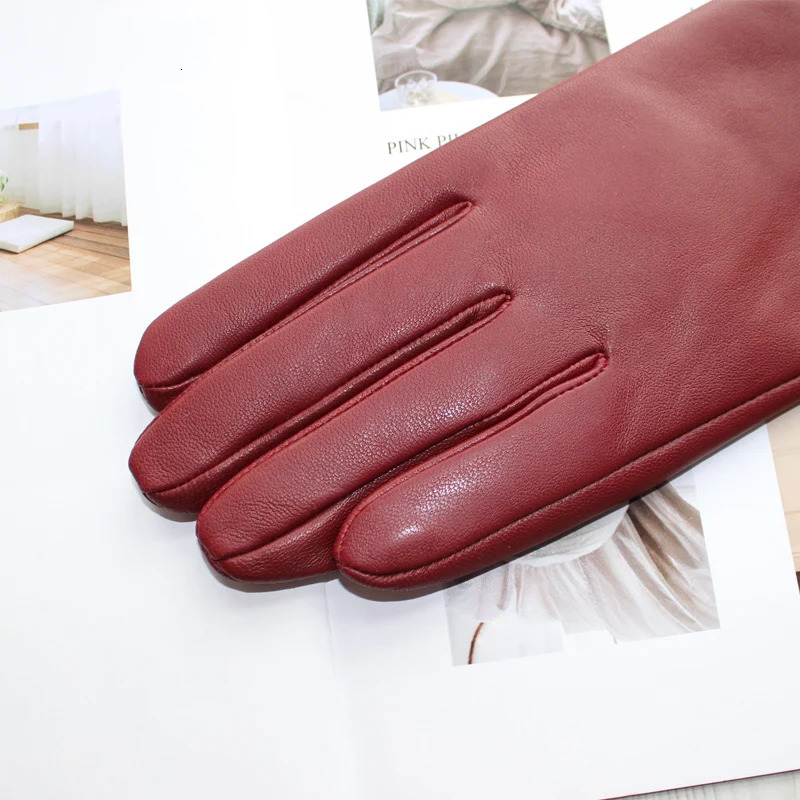 womens leather color gloves sheepskin classic straight style knitted lining spring driving mittens autumn 241225