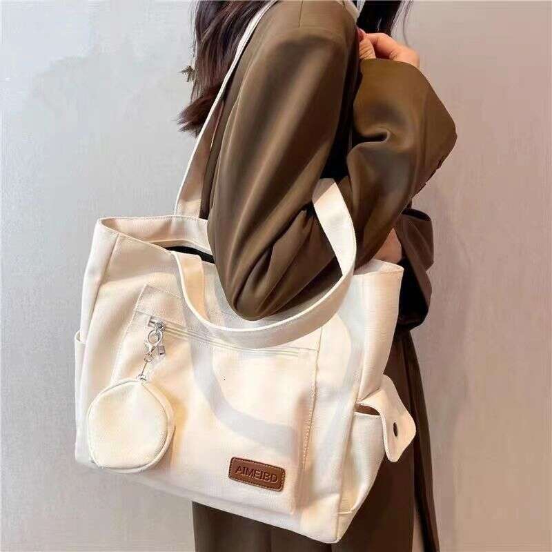 Female college student canvas hand-held tote versatile large capacity shoulder commuting class bag, backpack strap, HH