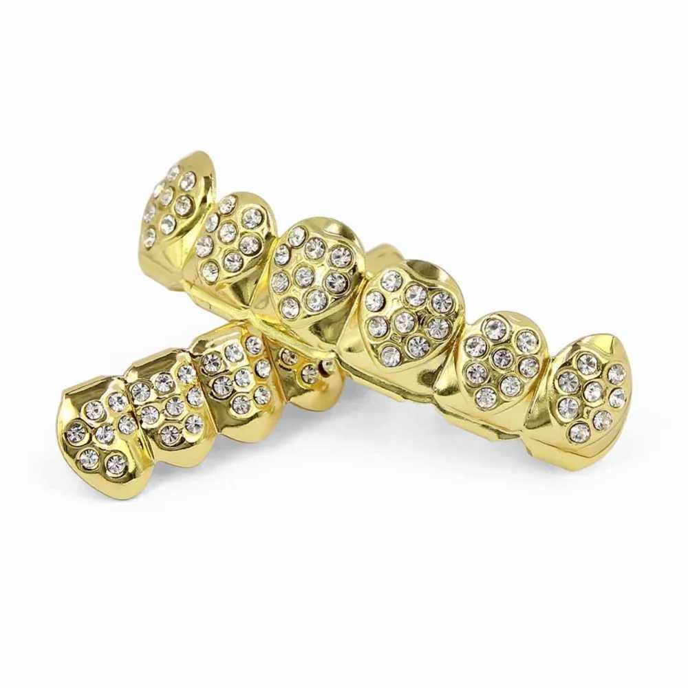 TOPGRILLZ Gold Color Plated CZ Rhinestone Hip hop Heart-Shed Tooth Grillz Top Bottom GRILLS Set Teeth Gift For FriendsXJ241225
