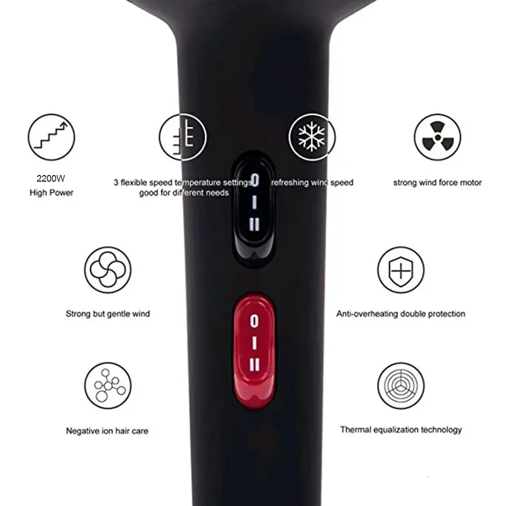Professional Ionic Salon Hair Dryer 2200W Powerful AC Motor Ion Blow Dryer Quiet Hairdryers with 2 Concentrator Nozzle Black/Red 241225