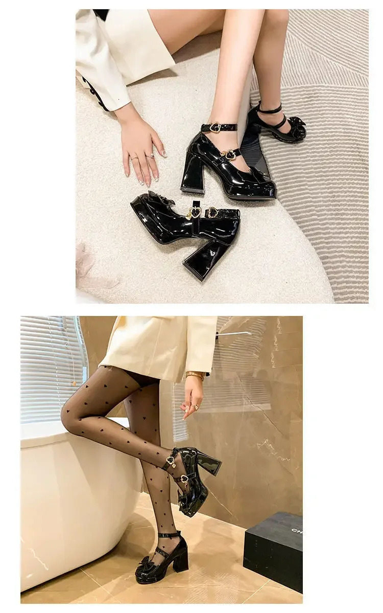 Punk Heart Buckle High Heels Pumps Women Autumn Y2K Black Chunky Platform Lolita Shoes Woman Bowtie Thick Heel Gothic Shoes 241225