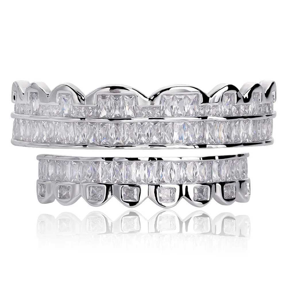 New Baguette Set Teeth Grillz Top Bottom Silver Color Grills Dental Mouth Hip Hop Fashion Jewelry Rper Jewelry GiftXJ241225