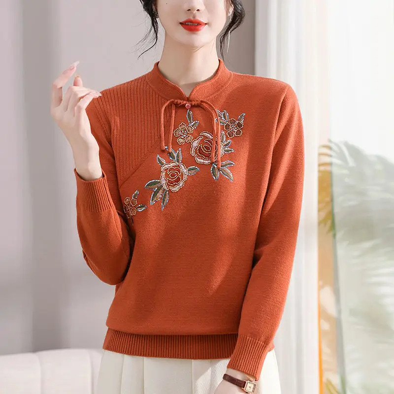 Women Clothing Y2k Chic Vintage Embroidery Pullovers Temperament Elegant Chinese Style Sweaters Autumn Loose Knit Tops 241225