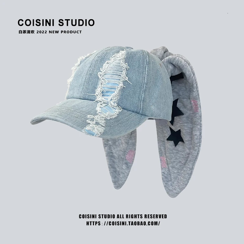 Niche Y2k Rabbit Ears Denim Ripped Baseball Cap Men and Women Dark Personality Metal Ring Street Trend Adjustable Sports Hat 241225