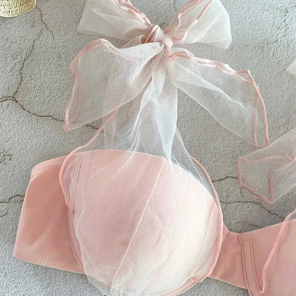 2019 new sexy bikini set low waist solid color pink swimsuit shoulder strap swimsuit Brazilian womens swimsuit mesh swimsuitW241225