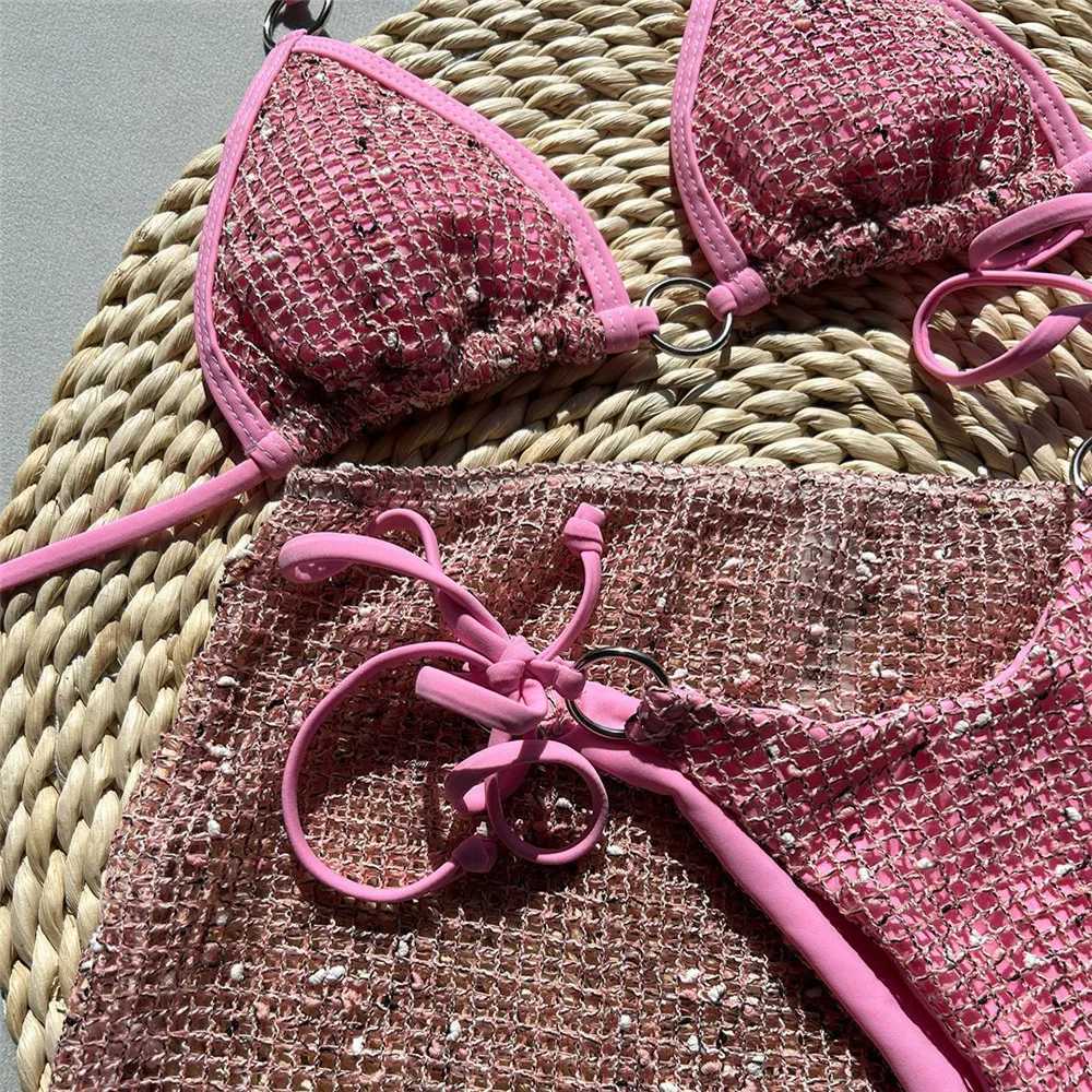 Green fishing net sexy swimsuit top womens 3-piece bikini set Damen Halter swimsuit 2025 beachwear beaded mini bikiniW241225