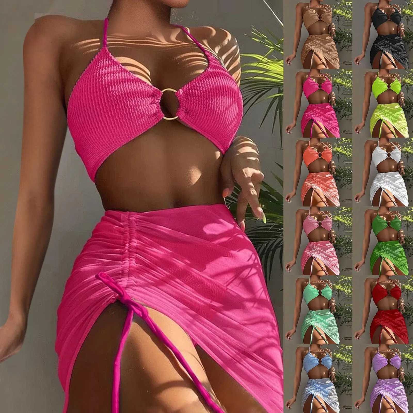 High waisted bikini womens abdominal control bottom push up crop top swimsuit 3-piece swimsuit beachwearW241225