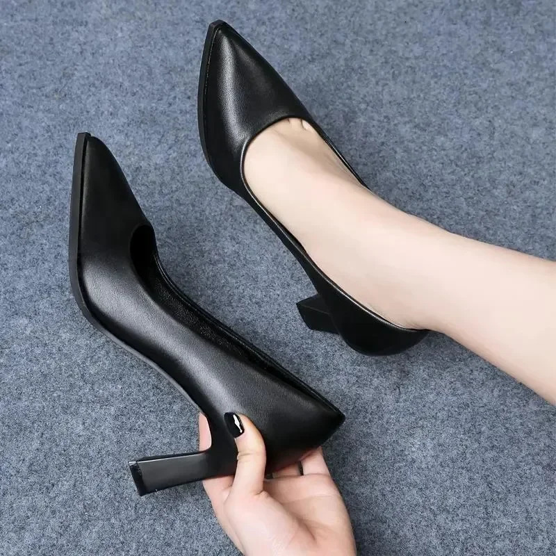 Black Womens Pumps 6-8cm Heel Soft PU Leather Non-slip Single Shoe Professional Interview High Heels Mid Heeled Work Shoes 241225