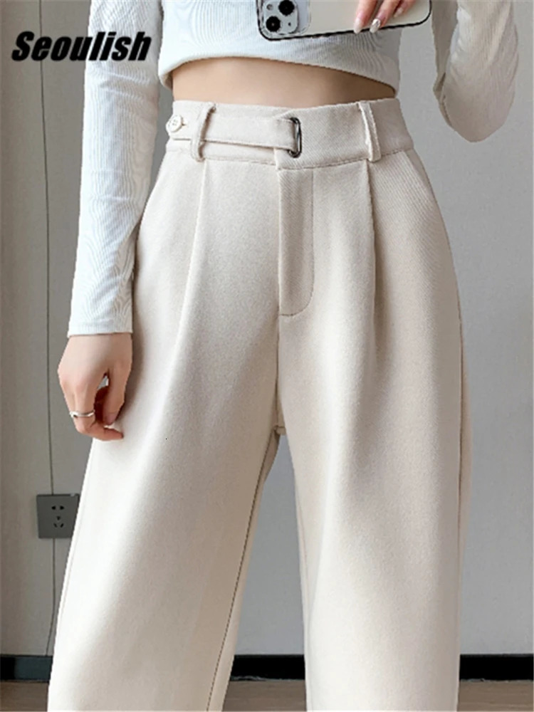 Seoulish Autumn Winter Thicken Woolen Casual Loose Full Length Pants 2023 Button High Waist Chic Wide Leg Trousers Female 241225