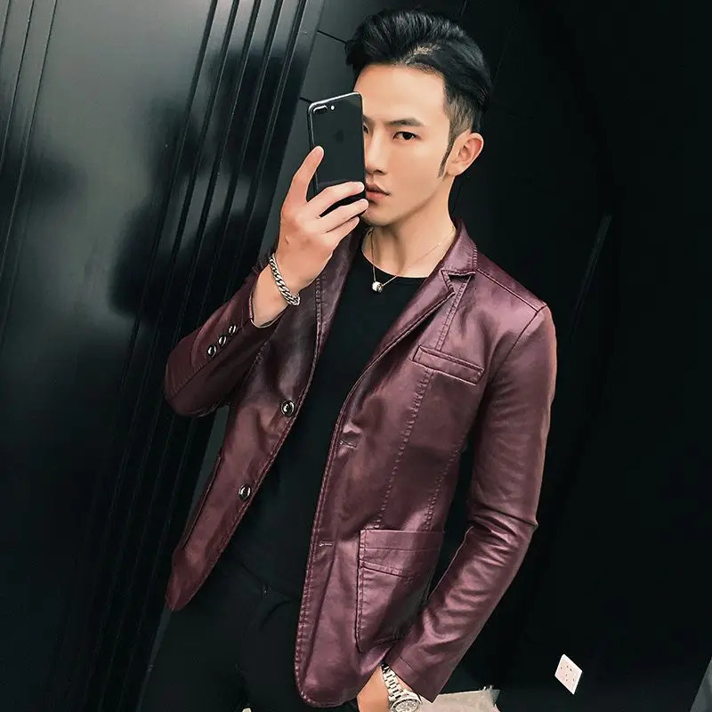 Thin Slim Fit Leather Jacket for Men Single Breasted In Man Suits and Blazers Handsome Vintage Simple Casual Classic Coats 241225