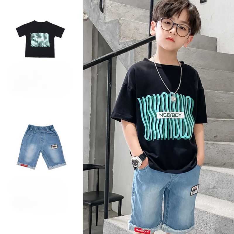 Clothing Sets Summer Children Boys Clothes Set Letter T-shirts and Print Denim Shorts Suit Teenage Fashion Short Sleeve Top Bottom OutfitsY241225CSLN