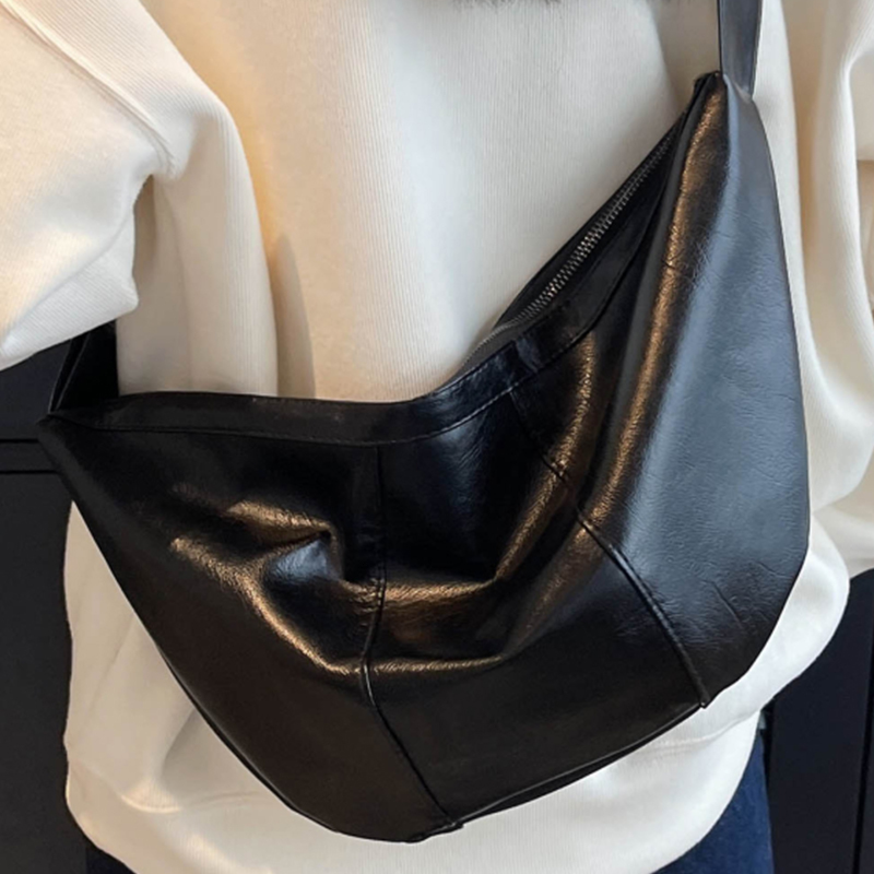 Women's Black Underarm Shoulder Bag Quality Vintage Pu Leather Ladies Half Moon Armpit Crossbody Bags Female Retro Hobos Handbag