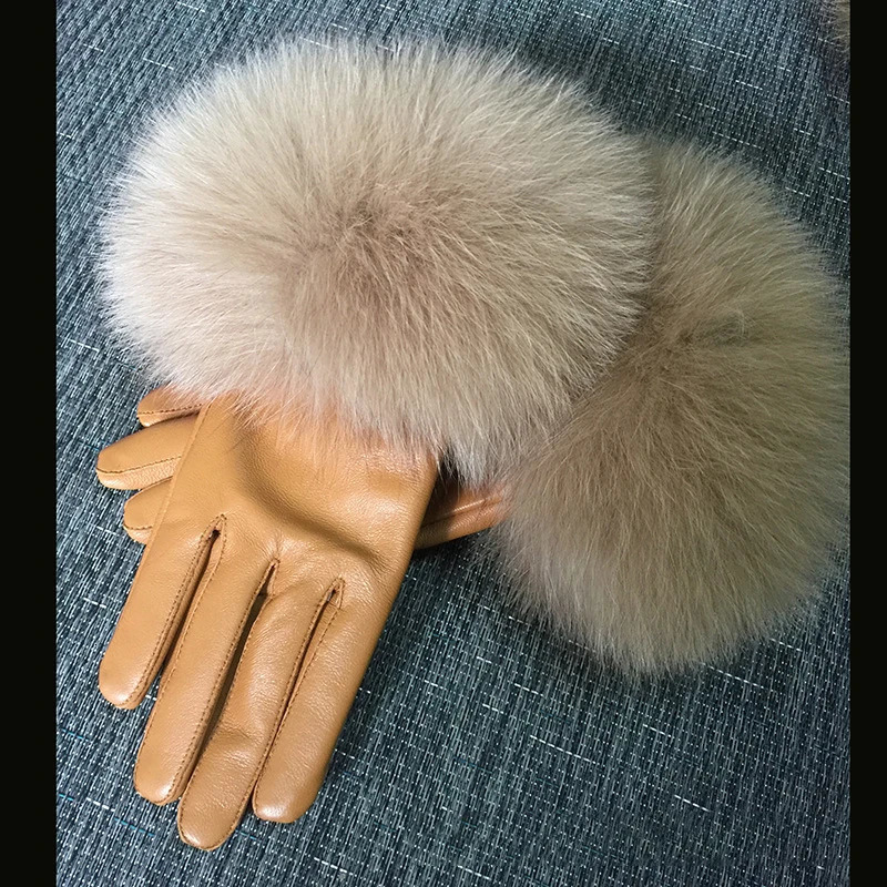 Chic Camel Color Real Big Fox Fur Womens Sheepskin Gloves Winter Plus Velvet Female Cycling Drive Warm Genuine Leather Gloves 241225
